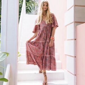 Omika Boho Midi Dress M Empire Waist Tiered Cottagecore Feminine Coquette Girl